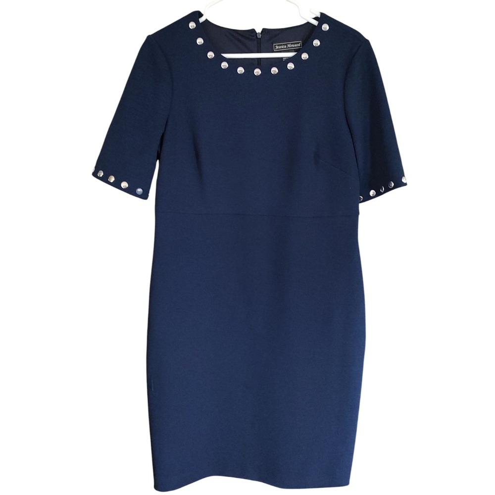 Jessica Howard A Line Midi Dress Navy Blue Silver Buttond Embellished‎ Size Ten